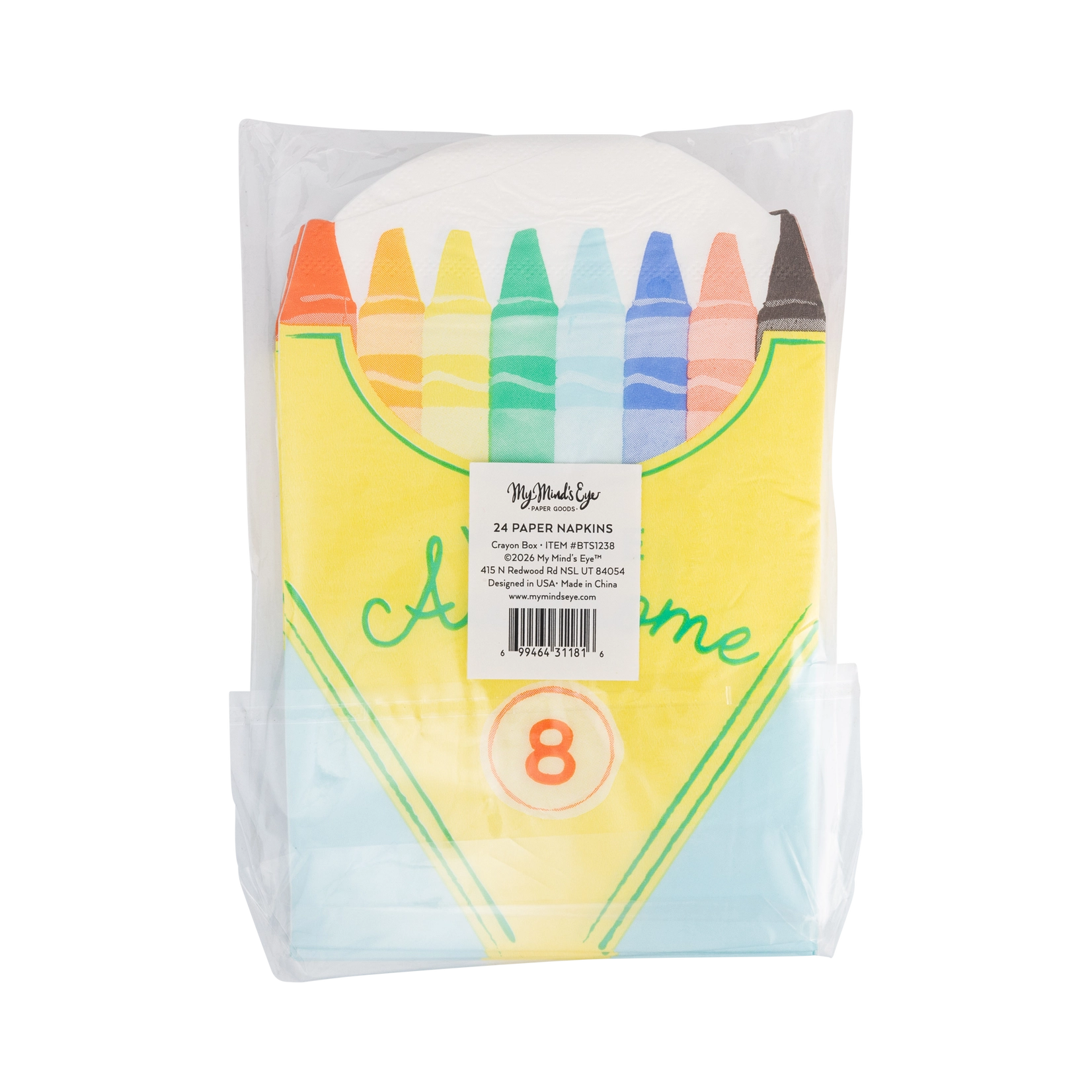 Pack of paper masks with crayon design and colorful labels on a white background