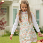 Henry Duvall Janie Jumper girls’ dress in Fall Floral with scalloped hem and fabric-covered shoulder buttons, designed for layering with blouses and turtlenecks for fall.