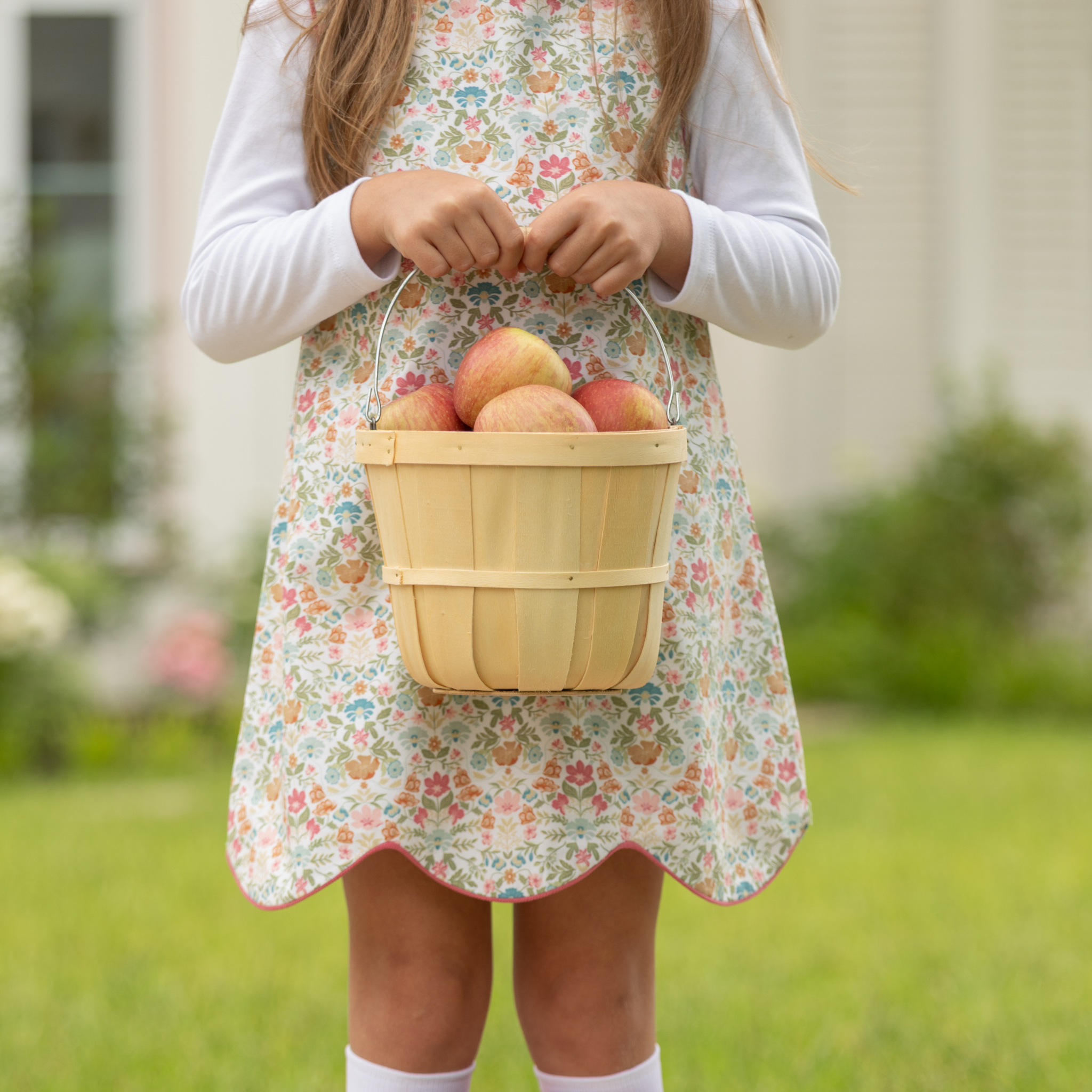 Henry Duvall Janie Jumper girls’ dress in Fall Floral with scalloped hem and fabric-covered shoulder buttons, designed for layering with blouses and turtlenecks for fall.