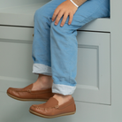 Henry Duvall Bradford Trousers in Brookhaven Blue light blue corduroy for boys, fully lined in Bay Tree Blue Check with contrast checked cuffs that can be rolled up or worn down.