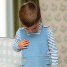 Henry Duvall James Henry Jon Jon for baby and toddler boys in Brookhaven Blue corduroy with contrasting King’s Way Khaki corduroy trim, a classic fall outfit for layering, family photos, Thanksgiving, church, and everyday wear.