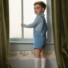 Henry Duvall James Henry Jon Jon for baby and toddler boys in Brookhaven Blue corduroy with contrasting King’s Way Khaki corduroy trim, a classic fall outfit for layering, family photos, Thanksgiving, church, and everyday wear.