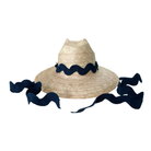 Straw hat with navy blue ribbon on a white background