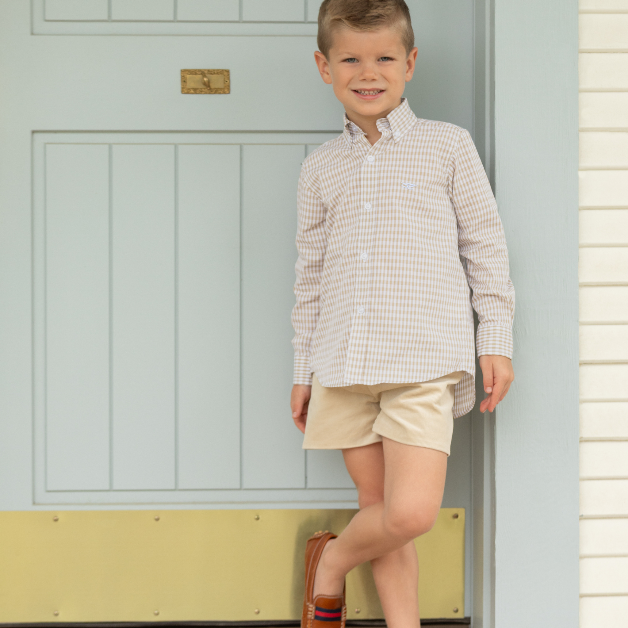Henry Duvall Bennett Button Down in King's Way Khaki Check, classic boys fall dress shirt perfect for pairing with khaki corduroy trousers and coordinating sibling sets