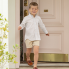 Henry Duvall Bennett Button Down in King's Way Khaki Check, classic boys fall dress shirt perfect for pairing with khaki corduroy trousers and coordinating sibling sets
