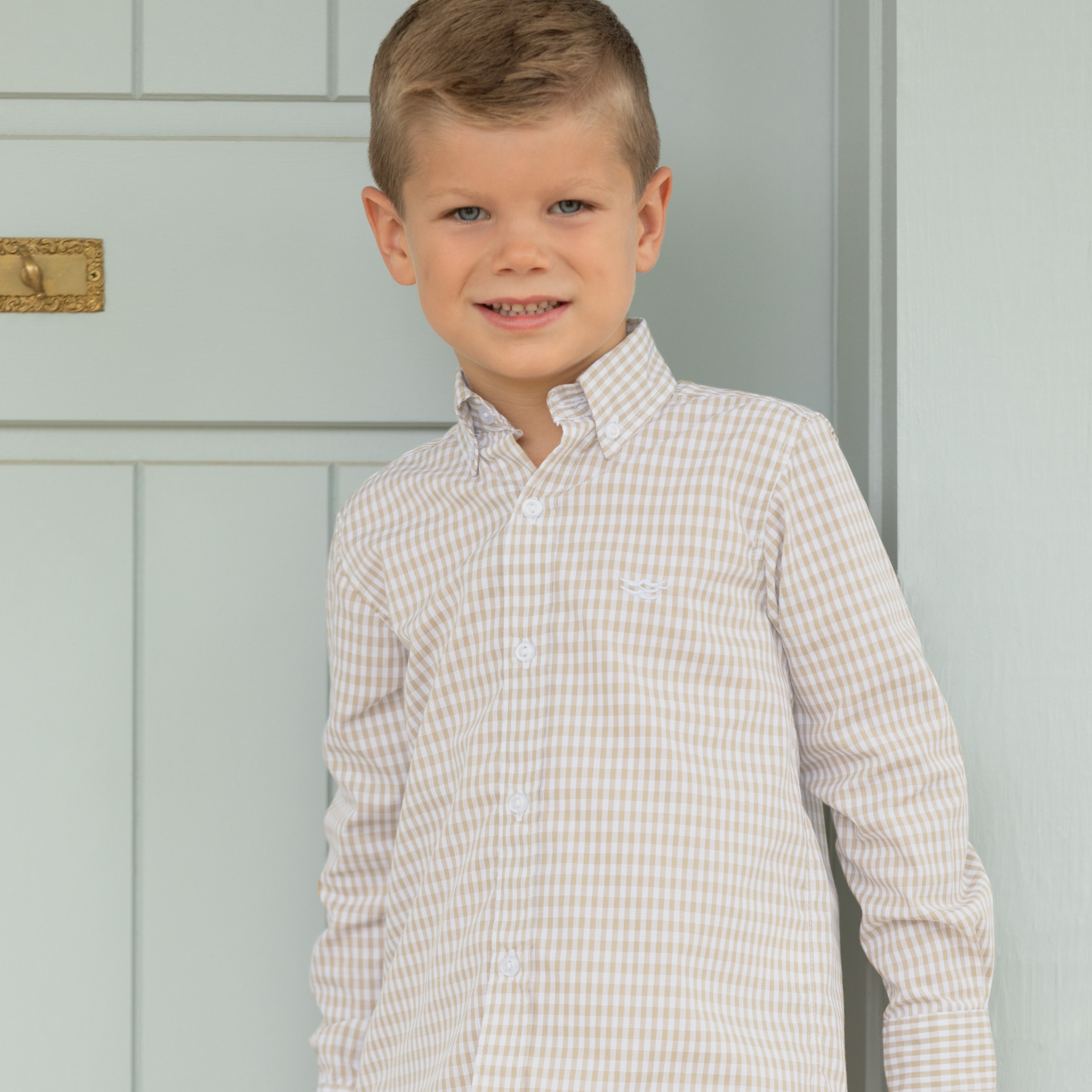 Henry Duvall Bennett Button Down in King's Way Khaki Check, classic boys fall dress shirt perfect for pairing with khaki corduroy trousers and coordinating sibling sets