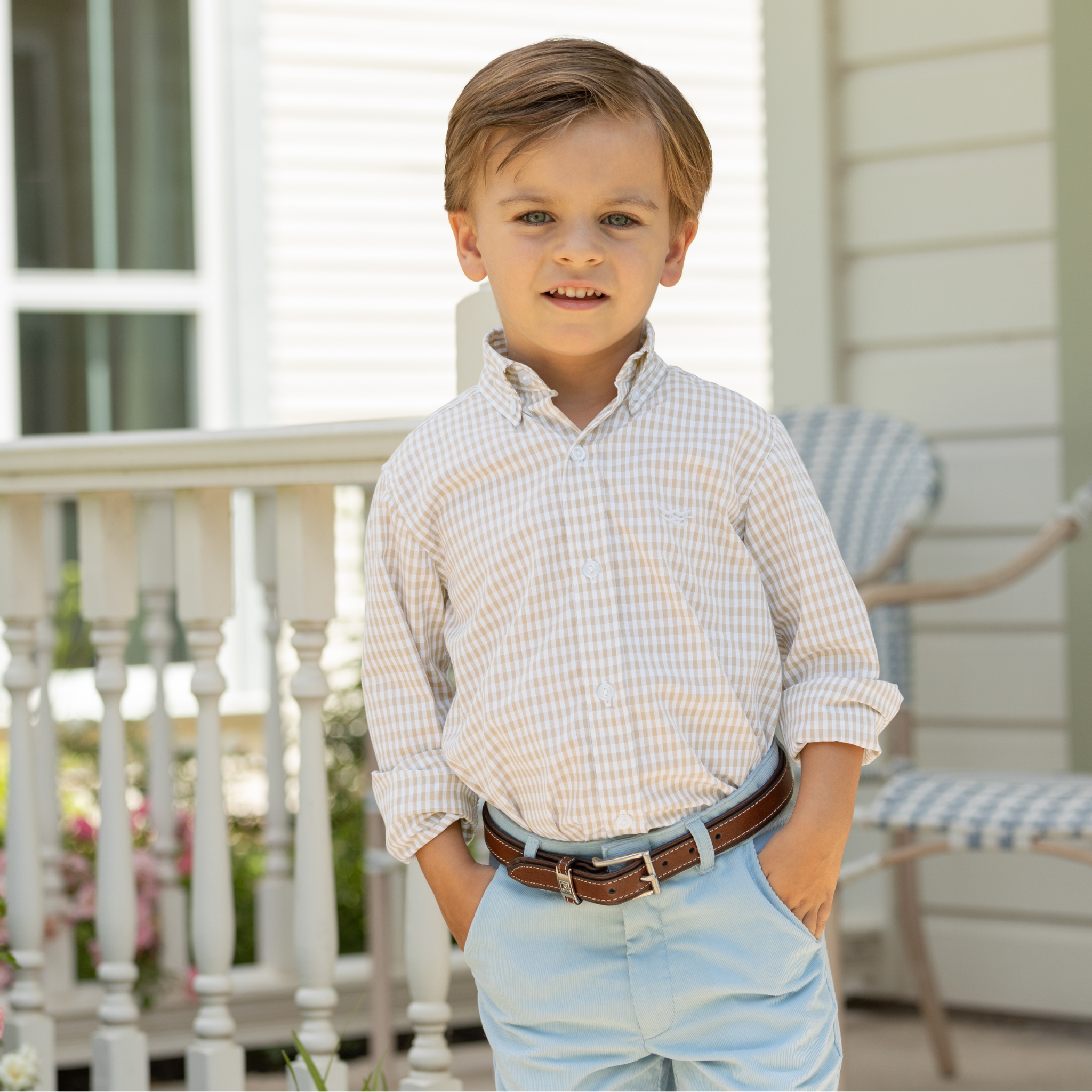 Henry Duvall Bennett Button Down in King's Way Khaki Check, classic boys fall dress shirt perfect for pairing with khaki corduroy trousers and coordinating sibling sets