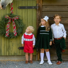 Red boys holiday Jon Jon with toy soldier smocking across the chest, Henry Duvall George Jon Jon in cotton poplin for classic Christmas dressing