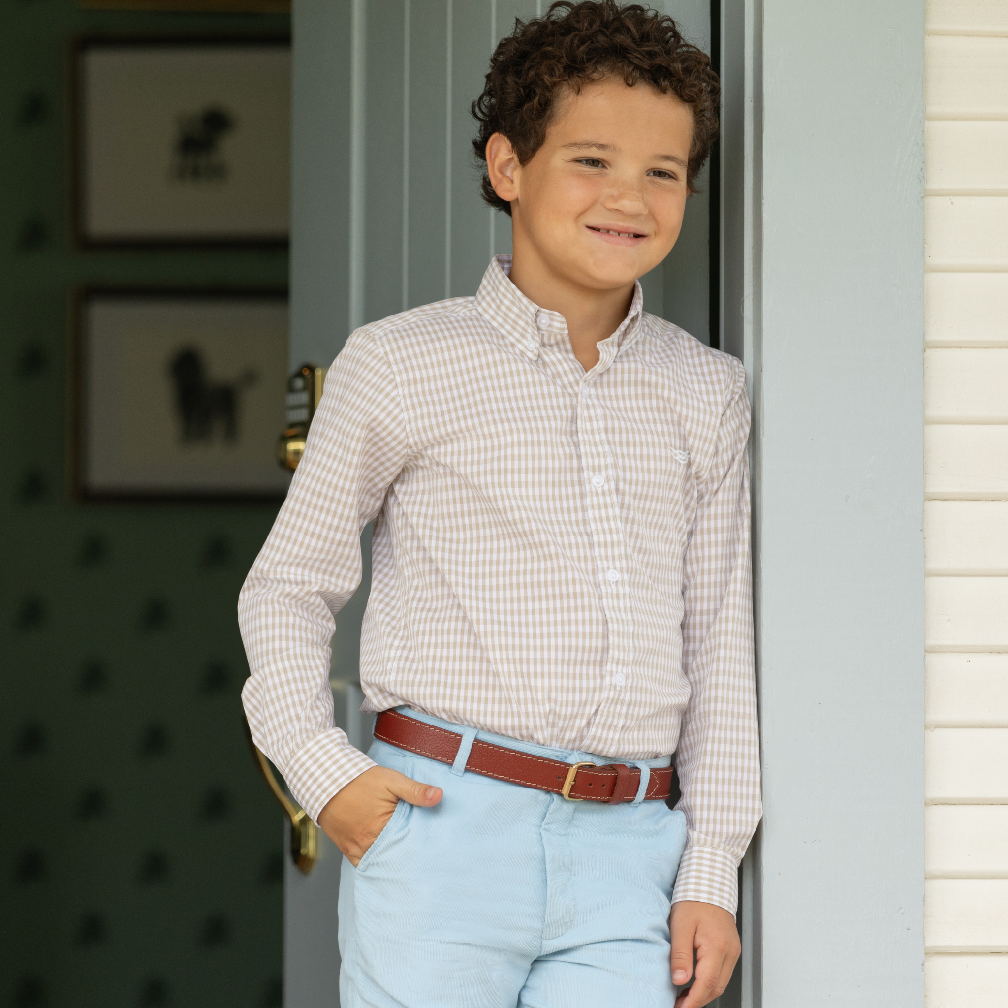 Henry Duvall Bennett Button Down in King's Way Khaki Check, classic boys fall dress shirt perfect for pairing with khaki corduroy trousers and coordinating sibling sets