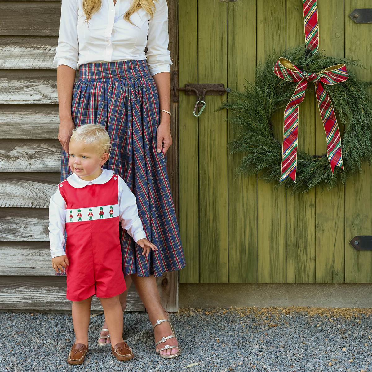 Red boys holiday Jon Jon with toy soldier smocking across the chest, Henry Duvall George Jon Jon in cotton poplin for classic Christmas dressing