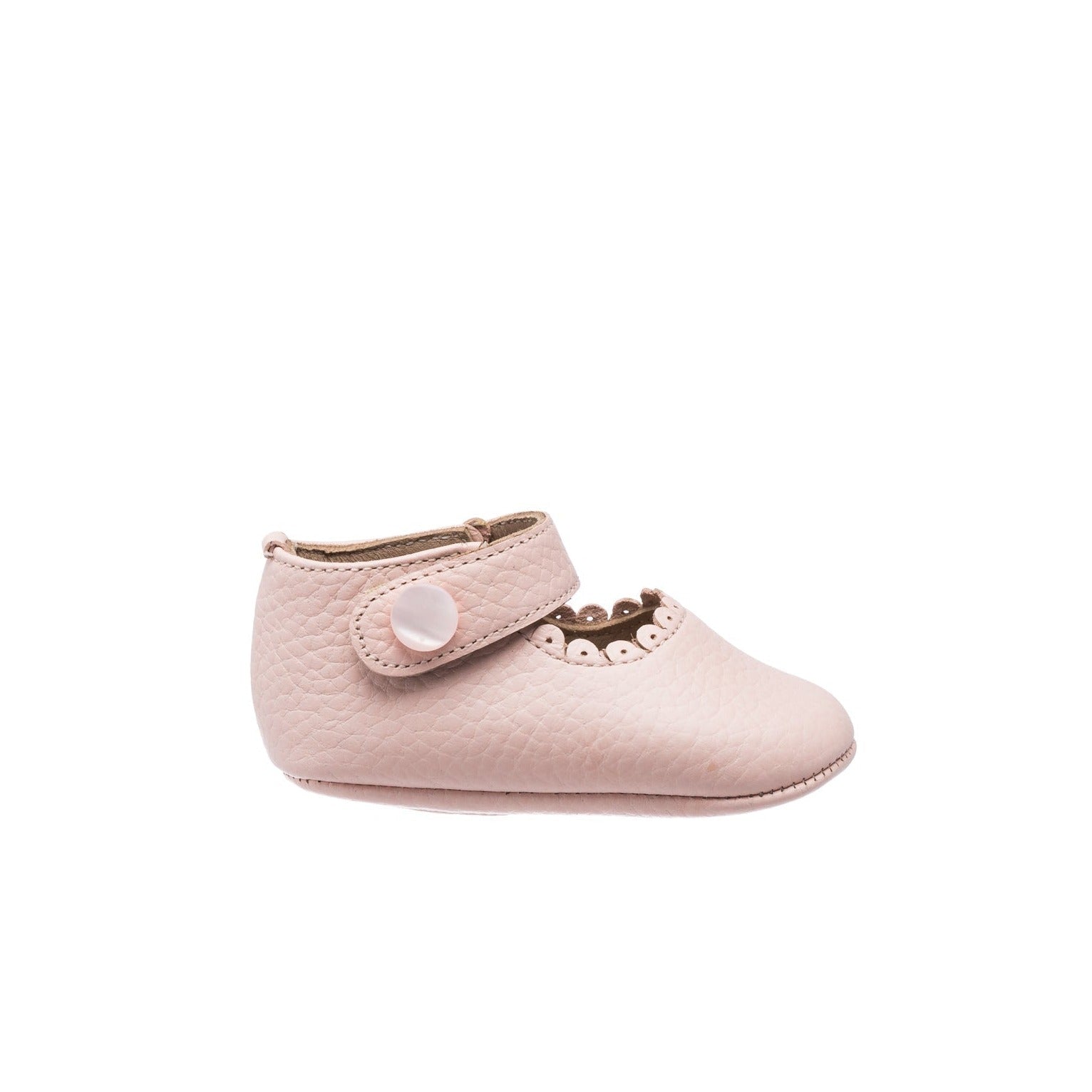 Elephantito baby Mary Jane shoes with scalloped edge, pearled button detail, and flexible rubber sole, classic first walker shoes for baby girls at Henry Duvall