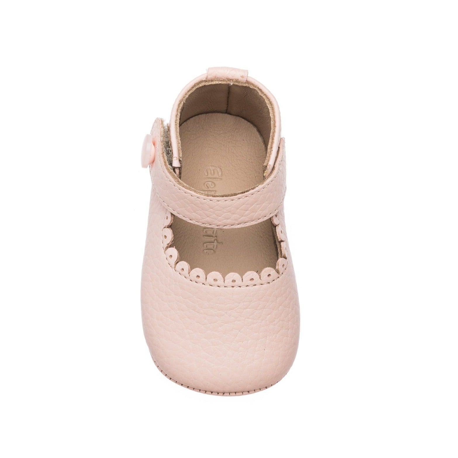 Elephantito baby Mary Jane shoes with scalloped edge, pearled button detail, and flexible rubber sole, classic first walker shoes for baby girls at Henry Duvall