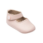 Elephantito baby Mary Jane shoes with scalloped edge, pearled button detail, and flexible rubber sole, classic first walker shoes for baby girls at Henry Duvall