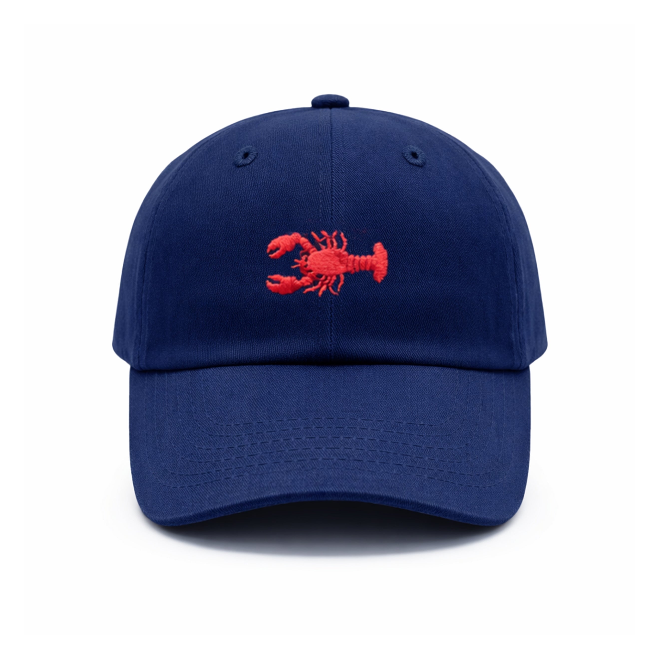 Blue cap with a red lobster emblem on a white background