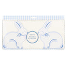 Bunny banner with blue checkered border and white bunnies on a white background