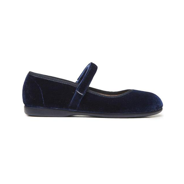 Navy velvet mary jane shoes for girls by Childrenchic with velcro strap and cushioned insole, perfect for fall family photos and dressing up Henry Duvall outfits.