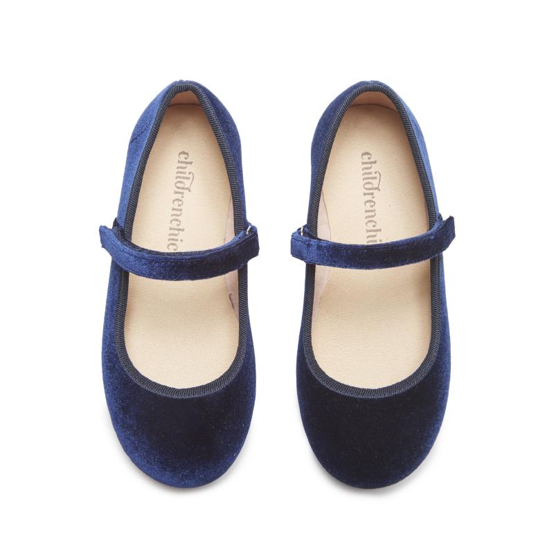 Navy velvet mary jane shoes for girls by Childrenchic with velcro strap and cushioned insole, perfect for fall family photos and dressing up Henry Duvall outfits.