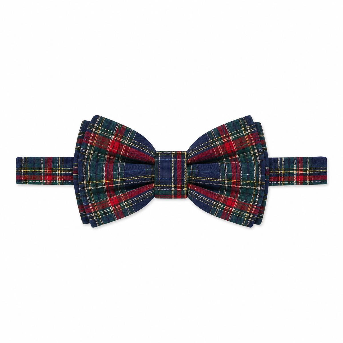 Boys’ pre-tied Baker Bow Tie in navy, red, and green Tinsel Tartan with subtle metallic thread and easy-on clasp.