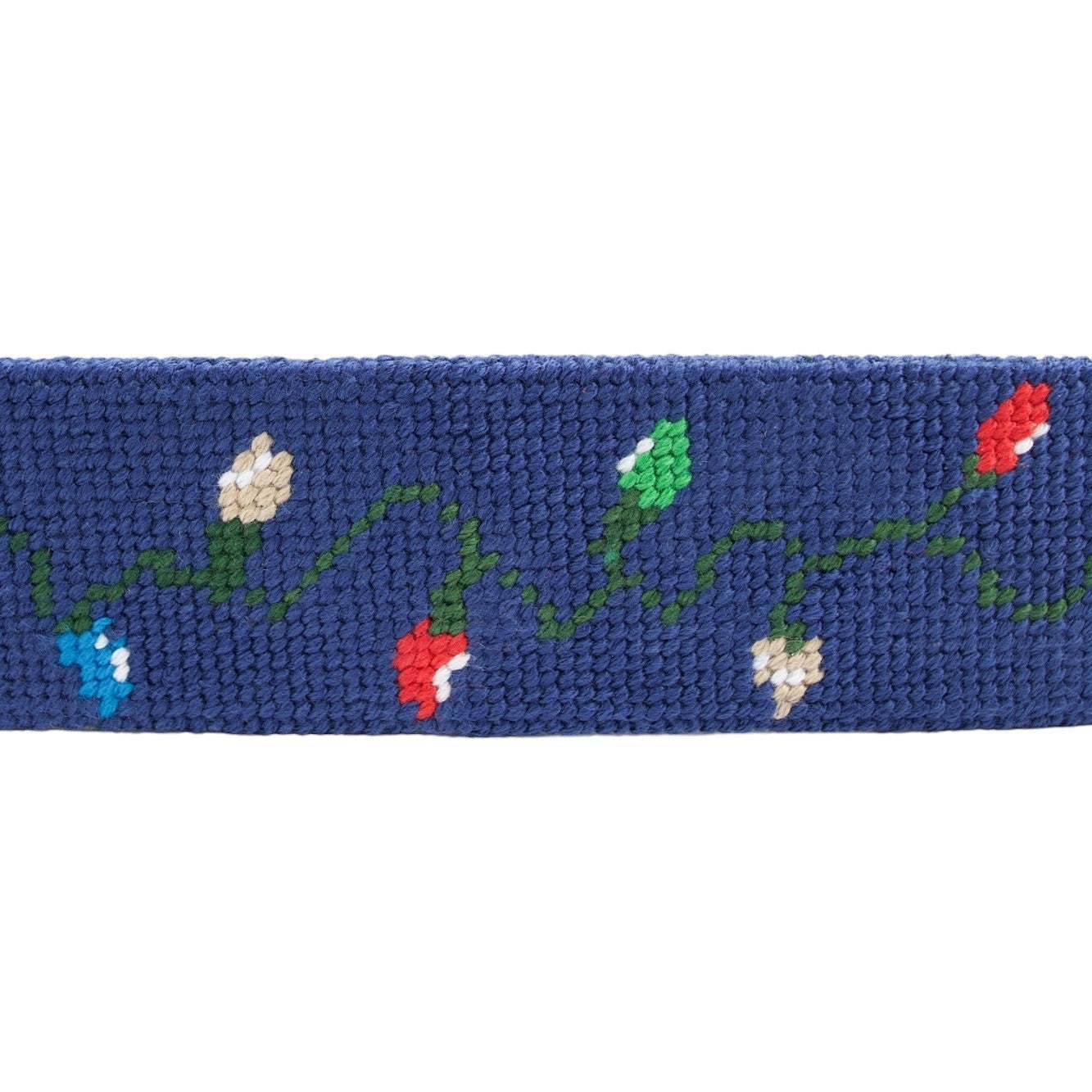 Men’s needlepoint belt with hand-stitched Christmas lights design, leather backing and brass buckle, classic holiday accessory – Henry Duvall
