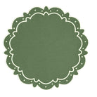 Classic round green scalloped placemats with white embroidery, perfect for Thanksgiving or holiday table settings, handcrafted from a premium cotton blend.