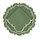 Classic round green scalloped placemats with white embroidery, perfect for Thanksgiving or holiday table settings, handcrafted from a premium cotton blend.