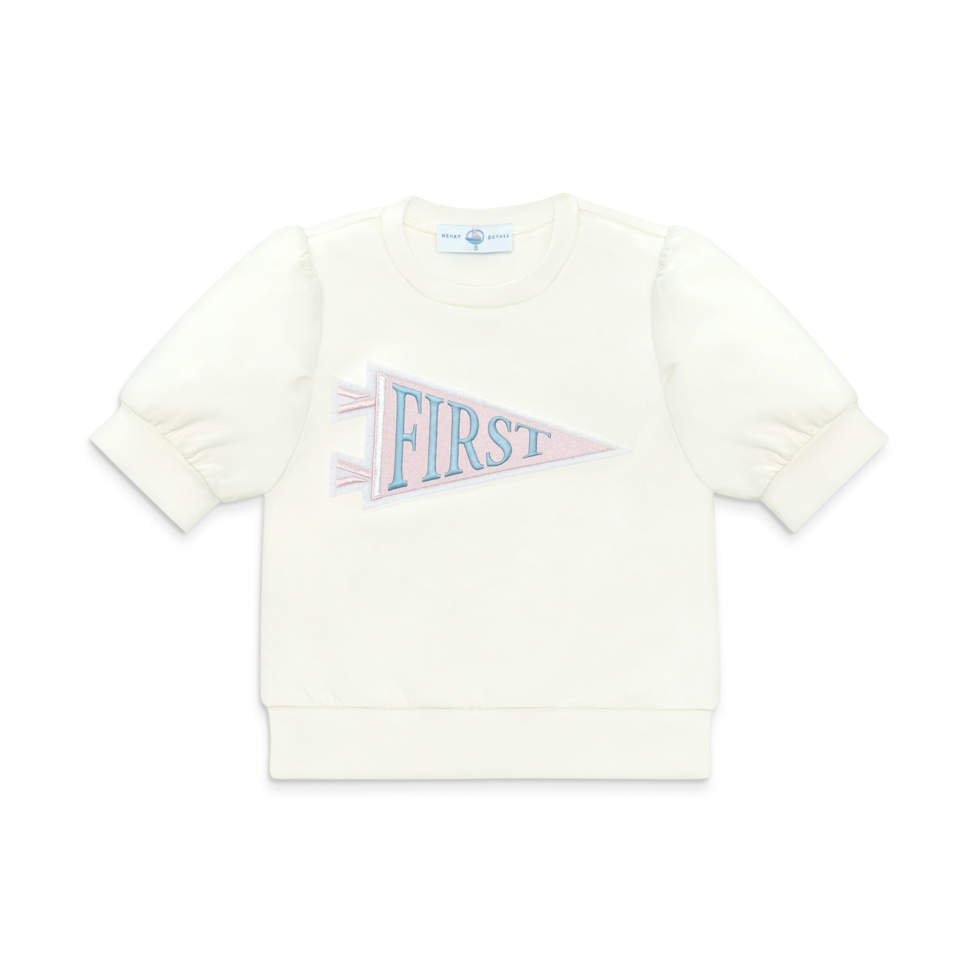 Henry Duvall Pennant Tee featuring appliqué grade pennant, classic back-to-school shirt for kindergarten through fifth grade, perfect for first day of school photos and school milestone celebrations.