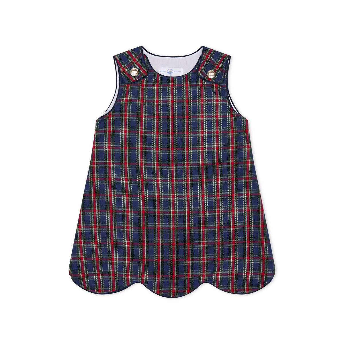 Henry Duvall Janie Jumper girls’ holiday dress in Tinsel Tartan, a navy, red and green plaid with subtle gold metallic thread, scalloped hem, navy piping and gold shoulder buttons.