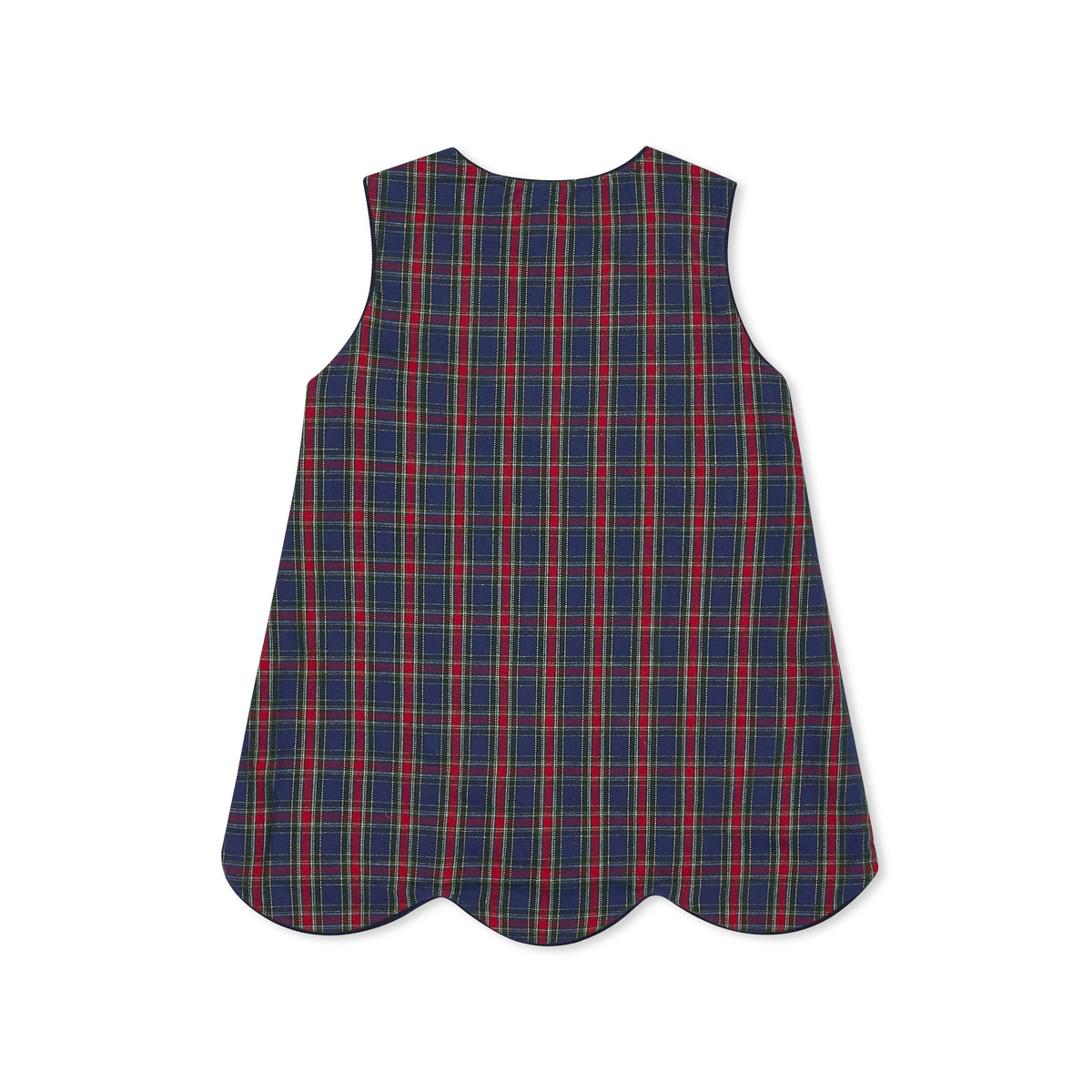 Henry Duvall Janie Jumper girls’ holiday dress in Tinsel Tartan, a navy, red and green plaid with subtle gold metallic thread, scalloped hem, navy piping and gold shoulder buttons.
