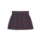 Girls’ Sadie Skirt in navy, red, and green Tinsel Tartan with subtle metallic thread, HD gold buttons, flat front, and A-line silhouette.