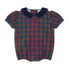 Girls’ Beatrice Bubble in navy, red, and green Tinsel Tartan with subtle metallic thread, Midnight Blue Corduroy scalloped collar, and scalloped sleeve trim.