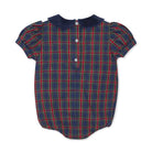 Girls’ Beatrice Bubble in navy, red, and green Tinsel Tartan with subtle metallic thread, Midnight Blue Corduroy scalloped collar, and scalloped sleeve trim.