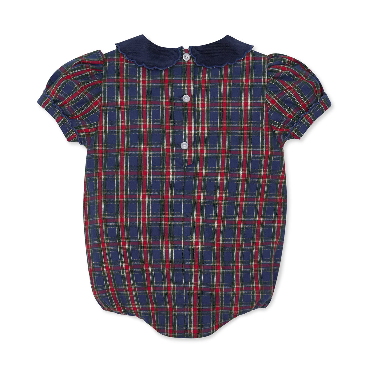 Girls’ Beatrice Bubble in navy, red, and green Tinsel Tartan with subtle metallic thread, Midnight Blue Corduroy scalloped collar, and scalloped sleeve trim.