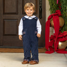 Boys’ Louis Longall in Midnight Blue Corduroy with Tinsel Tartan tabs, HD gold buttons, and full tartan lining designed to show when the cuffs are rolled.
