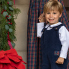 Boys’ Louis Longall in Midnight Blue Corduroy with Tinsel Tartan tabs, HD gold buttons, and full tartan lining designed to show when the cuffs are rolled.