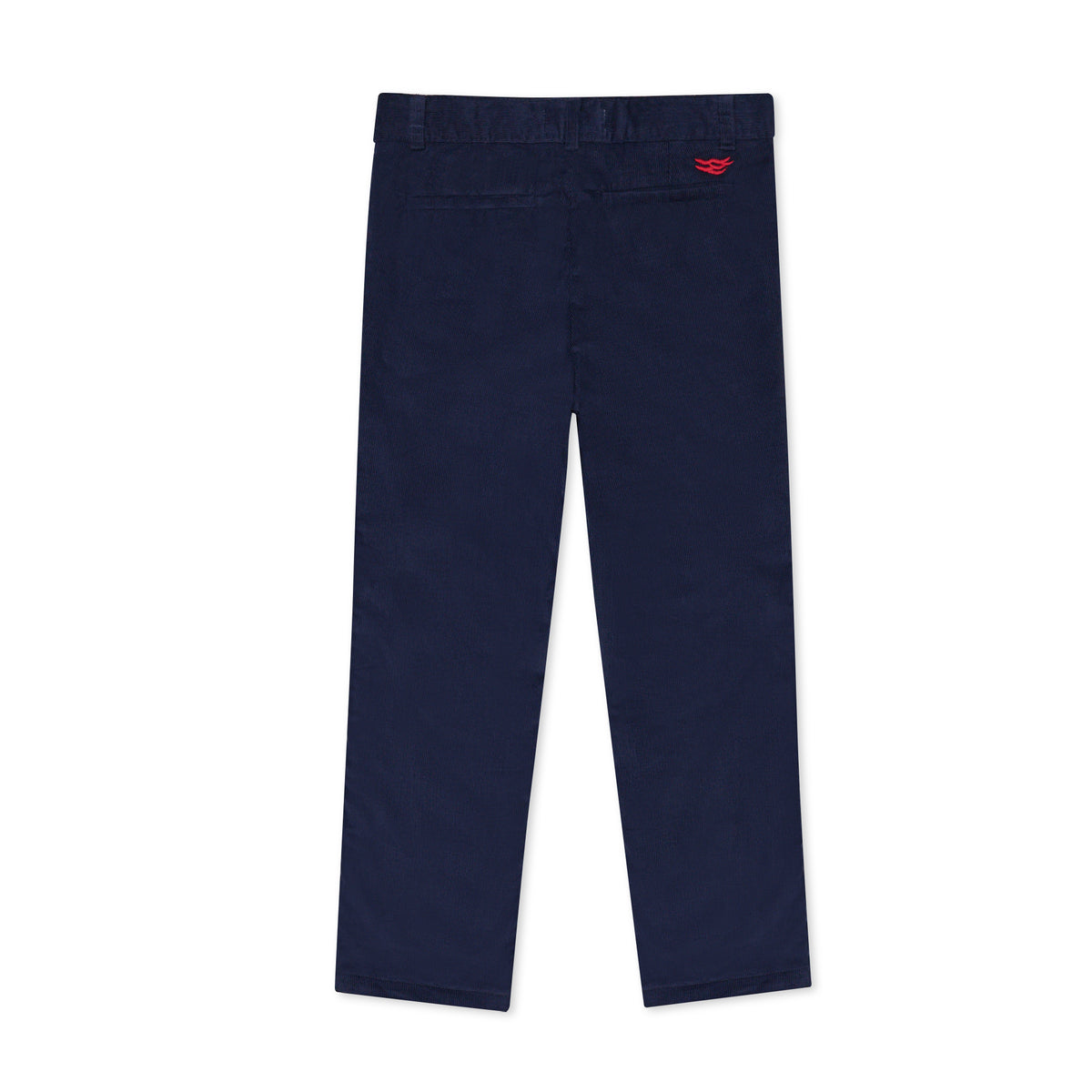 Boys’ Bradford Trousers in Midnight Blue Corduroy, fully lined in Tinsel Tartan with cuffed hems revealing festive navy, red, and green plaid.