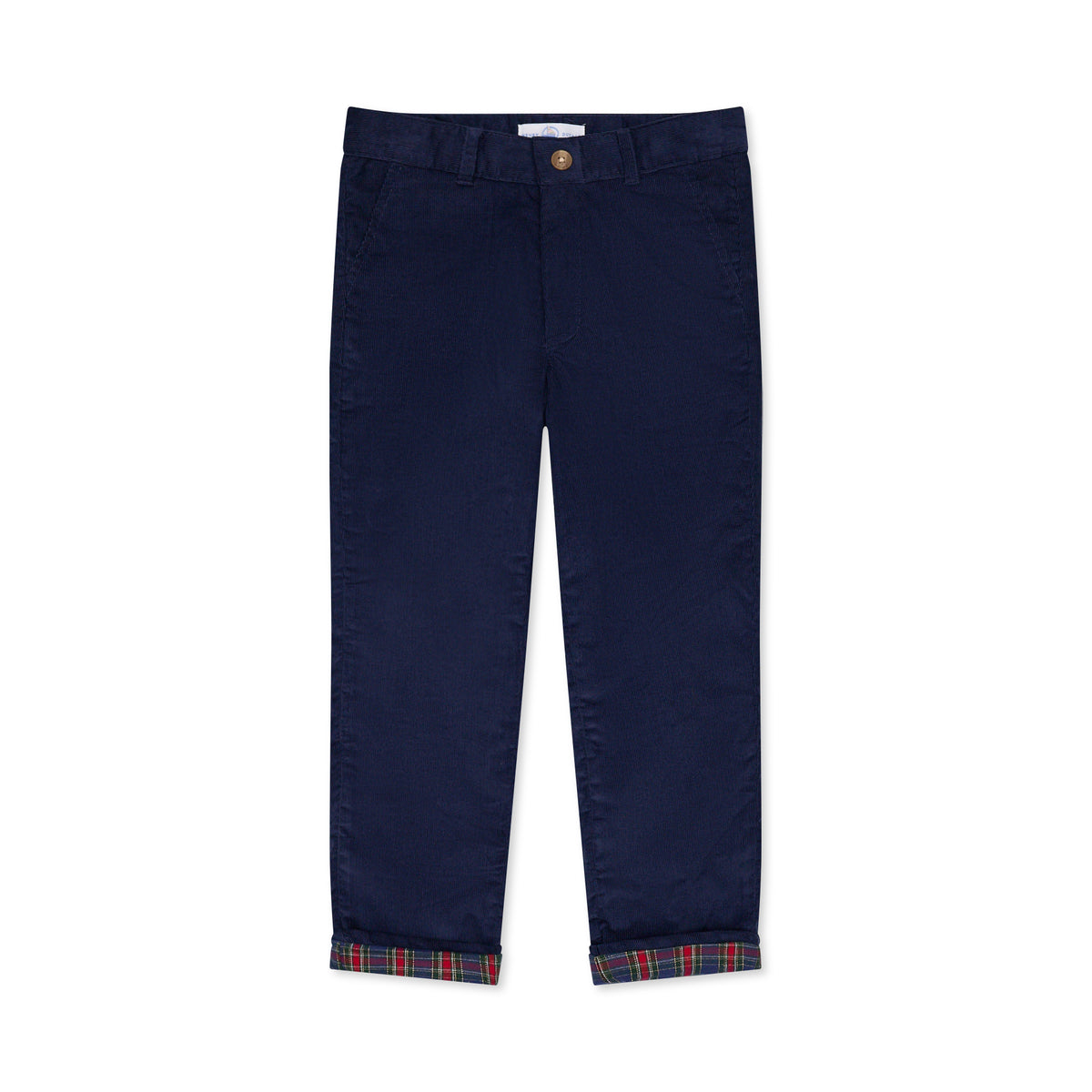 Boys’ Bradford Trousers in Midnight Blue Corduroy, fully lined in Tinsel Tartan with cuffed hems revealing festive navy, red, and green plaid.
