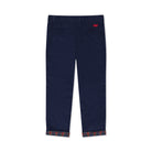 Boys’ Bradford Trousers in Midnight Blue Corduroy, fully lined in Tinsel Tartan with cuffed hems revealing festive navy, red, and green plaid.