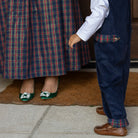Boys’ Louis Longall in Midnight Blue Corduroy with Tinsel Tartan tabs, HD gold buttons, and full tartan lining designed to show when the cuffs are rolled.