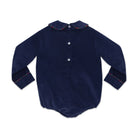 Baby boys’ Banks Bubble in Midnight Blue Corduroy with Tinsel Tartan-covered buttons and coordinating plaid trim at the Peter Pan collar and cuffs.