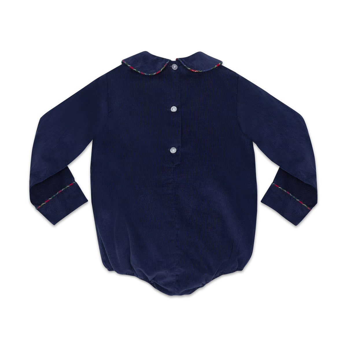 Baby boys’ Banks Bubble in Midnight Blue Corduroy with Tinsel Tartan-covered buttons and coordinating plaid trim at the Peter Pan collar and cuffs.
