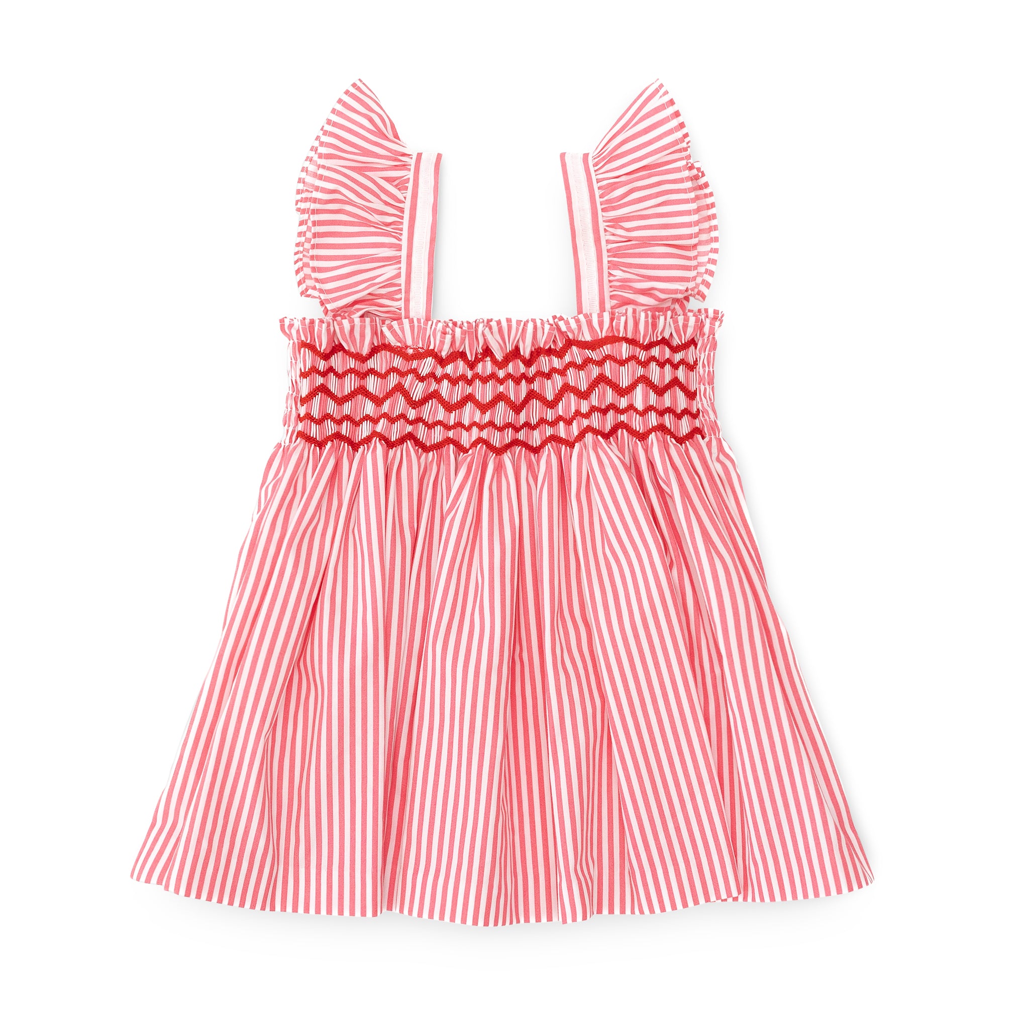 Henry Duvall girls smocked shorts set in red & white strip, a classic two-piece outfit with flutter sleeves and blue embroidered smocking.