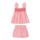 Henry Duvall girls smocked shorts set in red & white strip, a classic two-piece outfit with flutter sleeves and blue embroidered smocking.