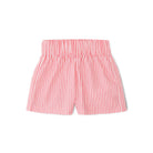 Henry Duvall girls smocked shorts set in red & white strip, a classic two-piece outfit with flutter sleeves and blue embroidered smocking.