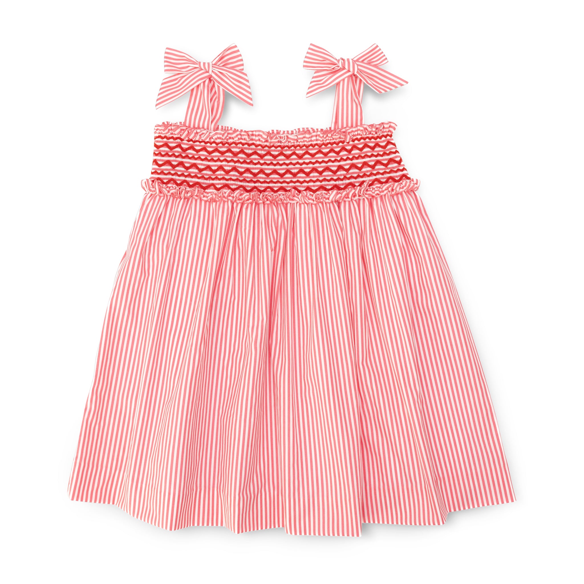 Henry Duvall Daisy Dress in red & white stripe print with hand-smocked bodice and shoulder bow ties, classic heirloom summer dress for girls