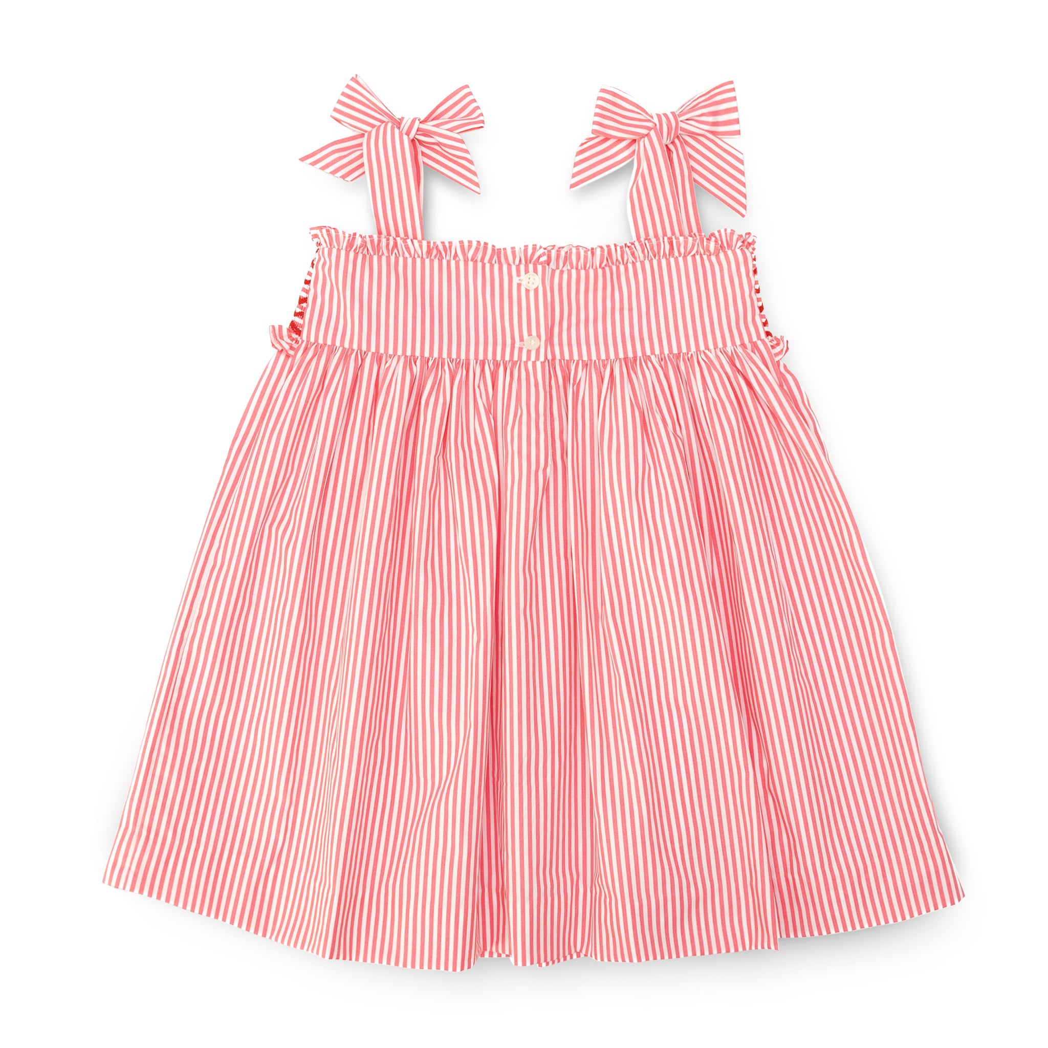Henry Duvall Daisy Dress in red & white stripe print with hand-smocked bodice and shoulder bow ties, classic heirloom summer dress for girls
