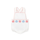 Henry Duvall unisex baby sunsuit in white with red and blue star appliqué and criss cross straps, classic patriotic outfit for Memorial Day, 4th of July, and summer occasions