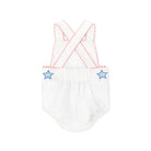 Henry Duvall unisex baby sunsuit in white with red and blue star appliqué and criss cross straps, classic patriotic outfit for Memorial Day, 4th of July, and summer occasions