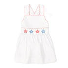 Henry Duvall Campbell girls white dress with red and blue star appliqué and ric rac trim, classic patriotic dress for Memorial Day, 4th of July, and summer occasions