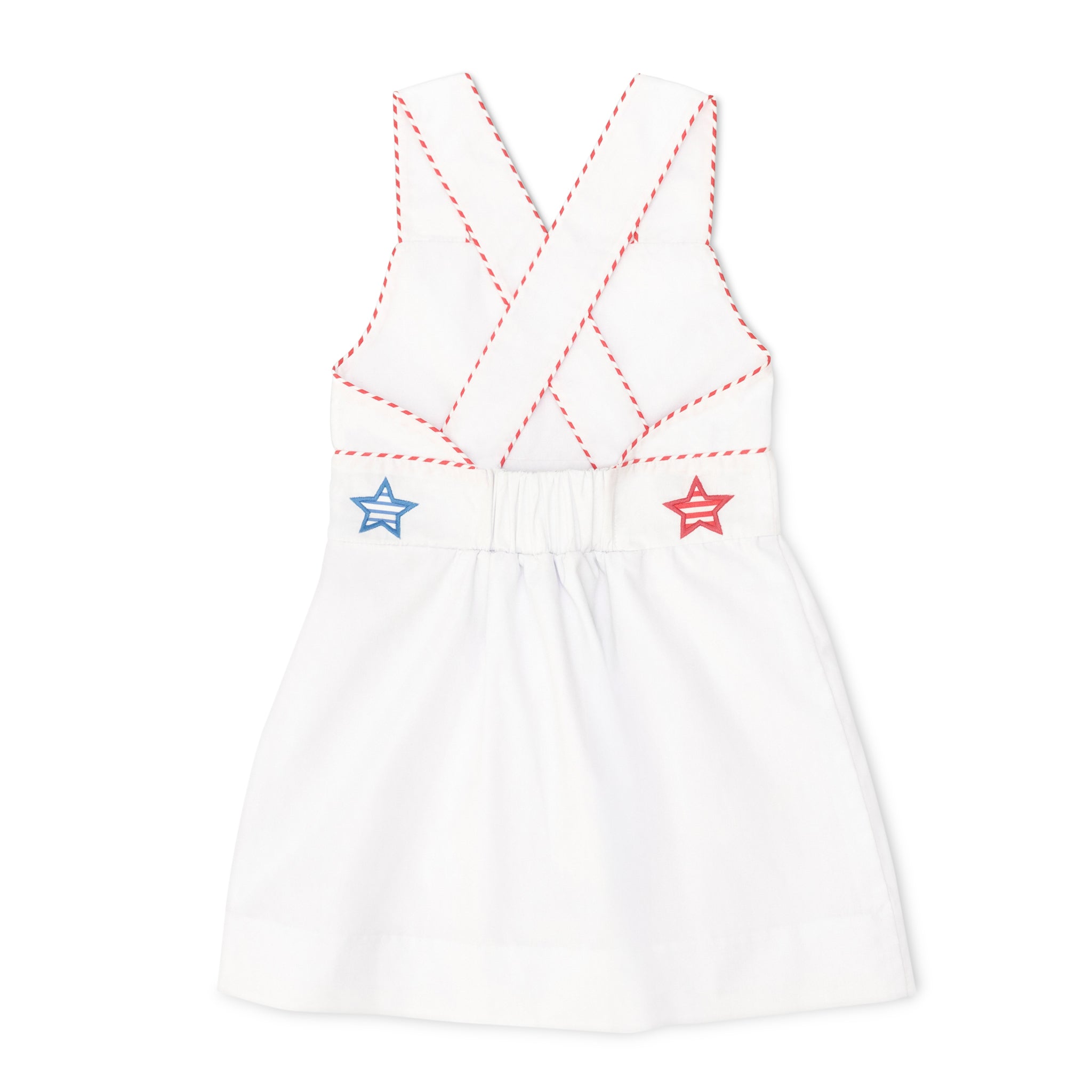 Henry Duvall Campbell girls white dress with red and blue star appliqué and ric rac trim, classic patriotic dress for Memorial Day, 4th of July, and summer occasions