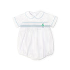 Henry Duvall Charlie Bubble for boys in white cotton with Bailey’s Bay Blue trim and smocked sailboat, classic summer baby boy outfit with Peter Pan collar